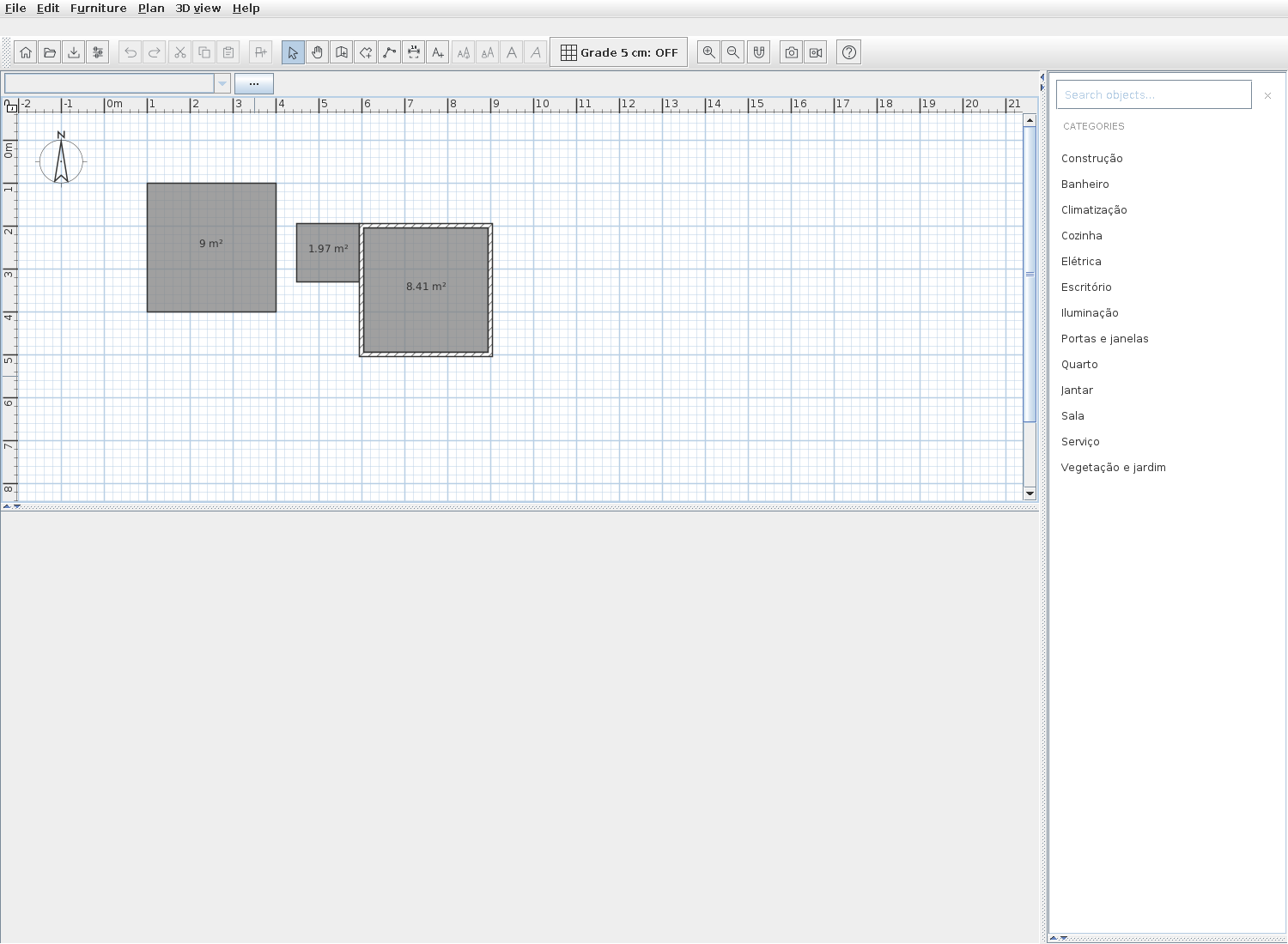 Zavia development capture showing a grid, room outlines, area measurements and the object catalog